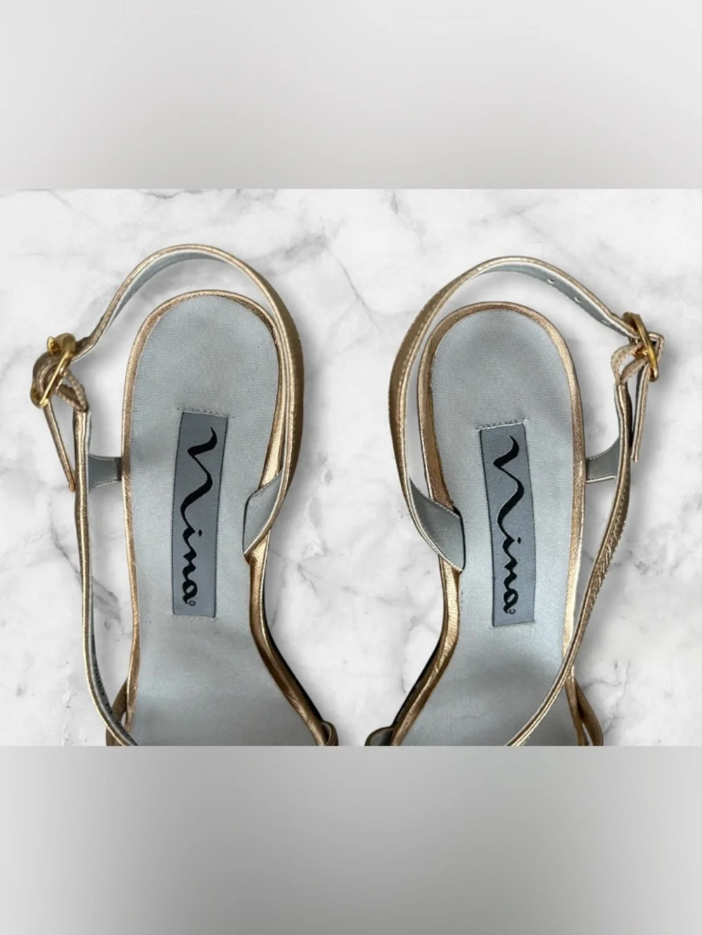 Nina Gold Metallic Strappy Slingback Sandals Block Heel Vintage Y2K Size 6.5